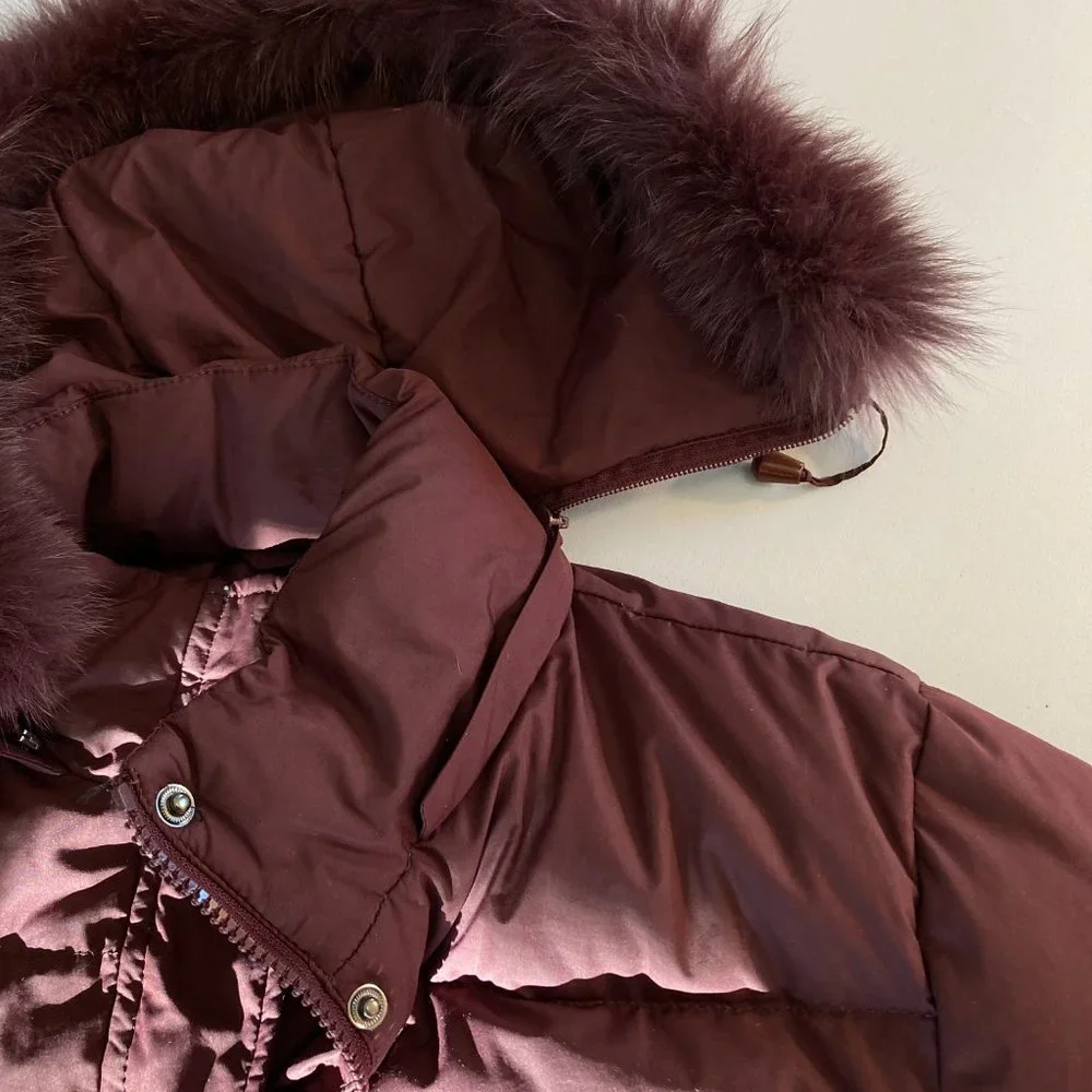 Down Puffer Jacket  Maroon Burgundy Embroidered Coat with Fur Trim - Picture 9 of 15